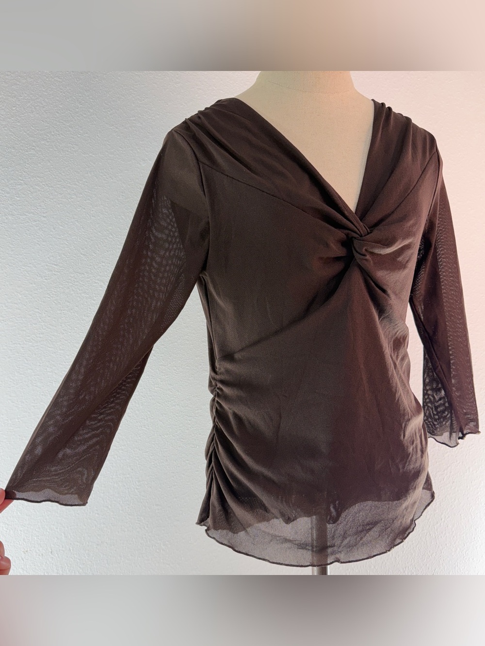 VTG 90s Y2K Nine West Brown Mesh Twist Front Babydoll Top Ruched Boho Cottage M